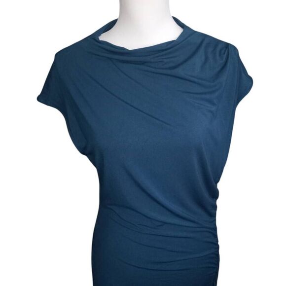 MEROKEEY BODYCON CAP SLEEVE MOCK NECK DRESS GREEN/TEAL SZ.L NWT. - Picture 4 of 11